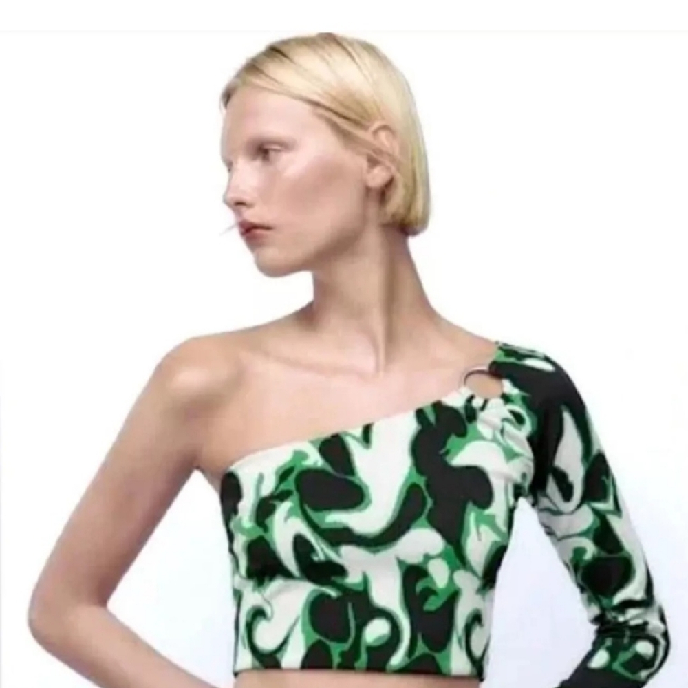 NWT ZARA WOMENS One-Shoulder long sleeve Romantic Print Floral GREEN size M